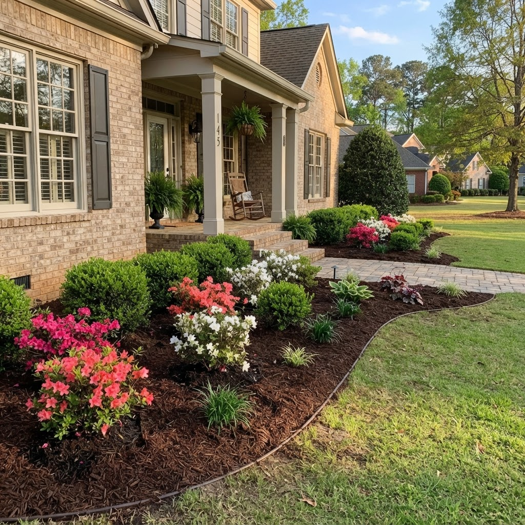 Foundation beds with dark brown mulch