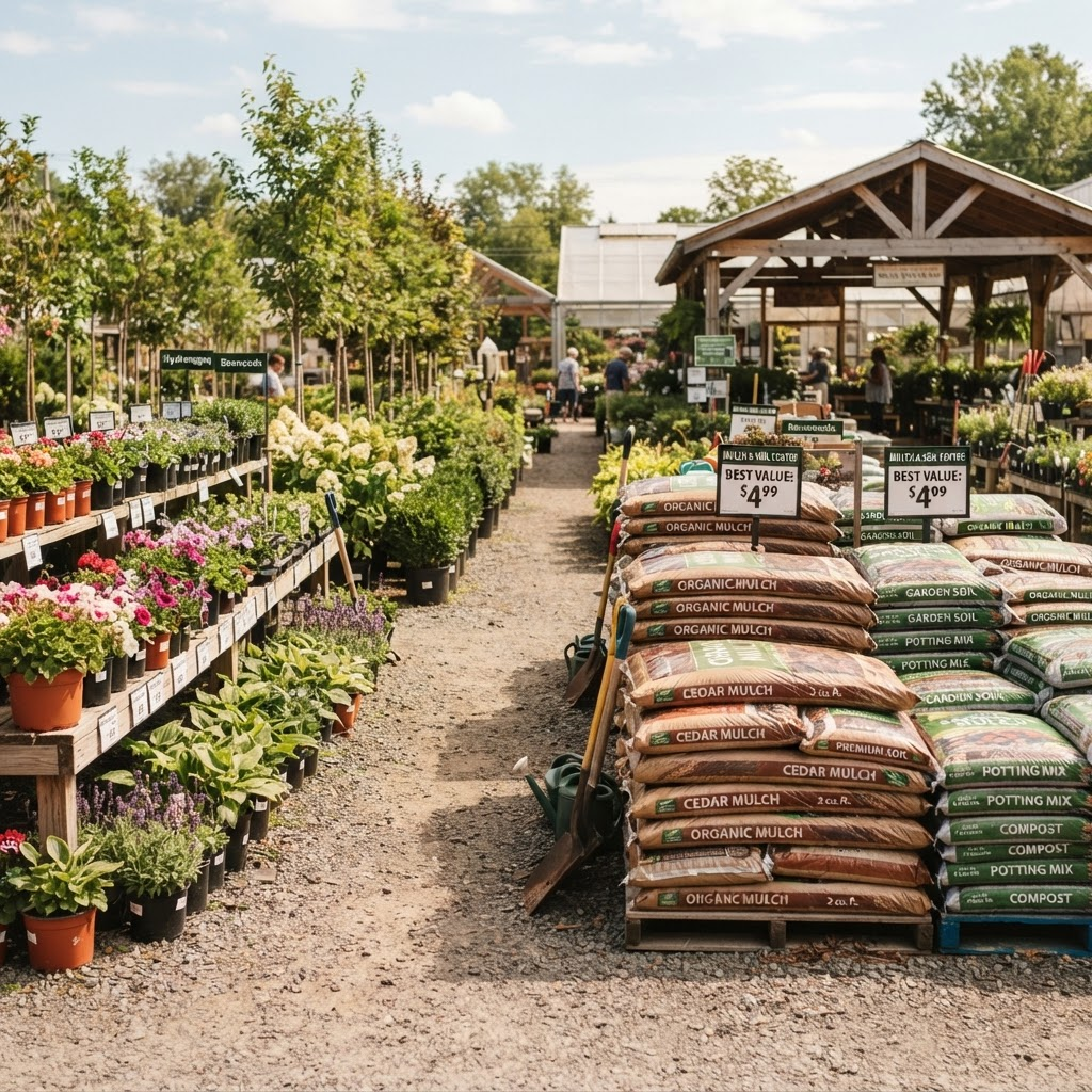 Rows of plants and landscaping supplies at the nursery